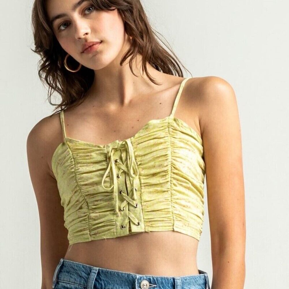 Sky and Sparrow Ruched Lace Up Womens Crop Top Citron Cami Tillys Small